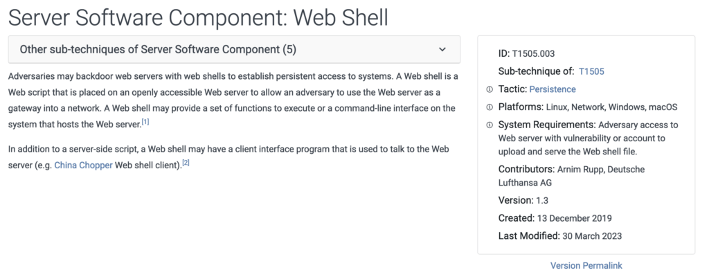 MITRE Attack tactic on web shells